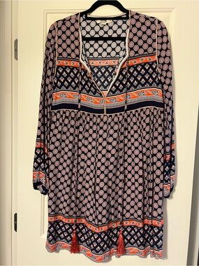 Women’s Long Sleeve Navy and Orange Patterned Boho Dress